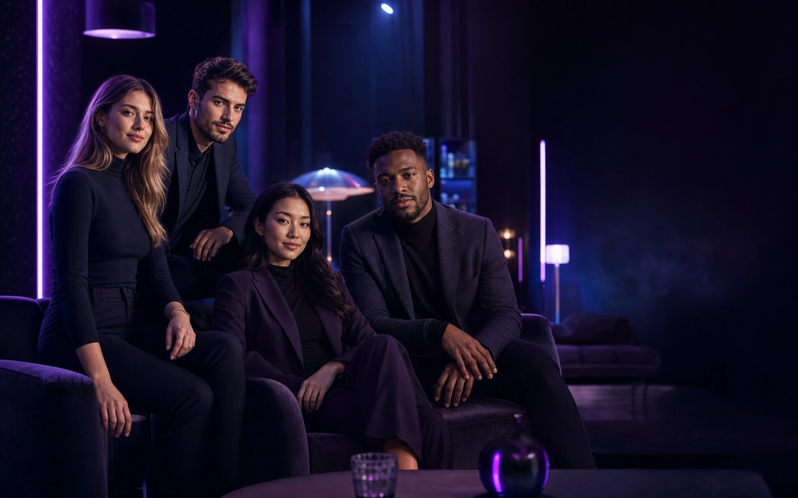 A diverse group of adult AI companions in a violet lounge